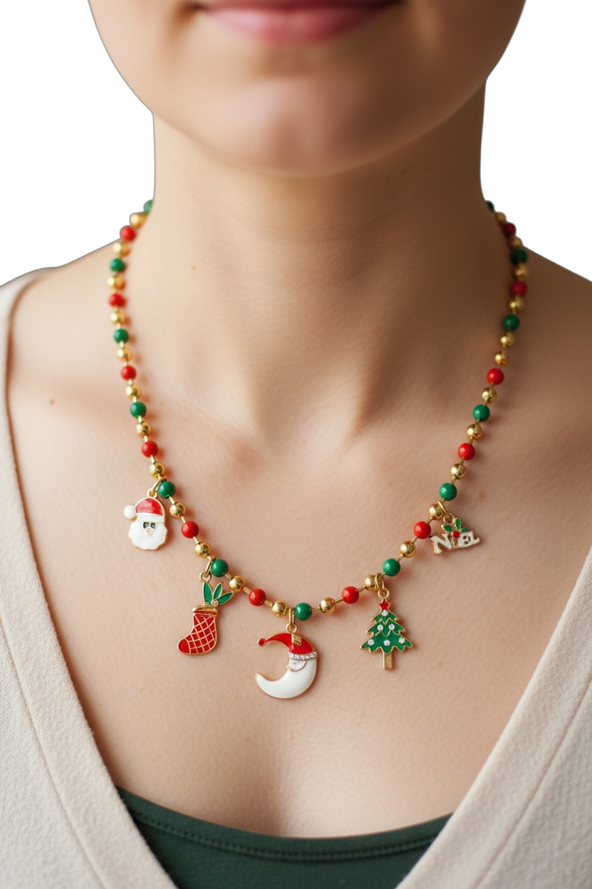 Collana Donna Natale Acciaio con Ciondoli Festivi - Gioiello Natalizio Elegante