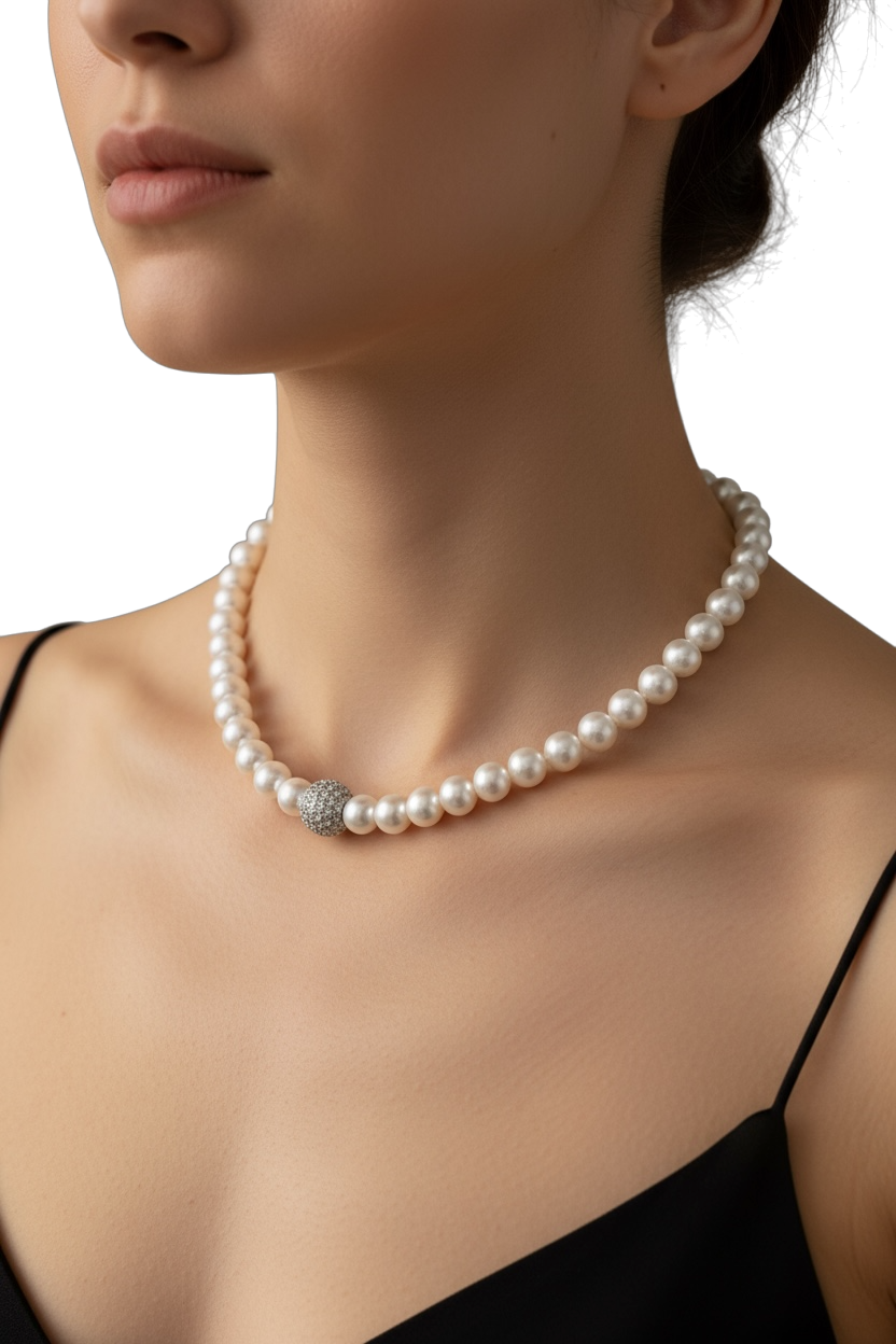 Collana Perle Conchiglia Naturali - Centrale Rame con Zirconi 40cm