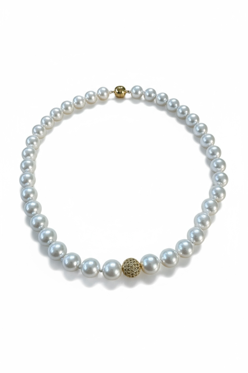 Collana Perle Conchiglia Naturali - Centrale Rame con Zirconi 40cm