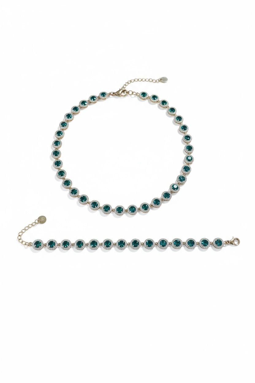 Set Collana e Bracciale Tennis Donna Acciaio Inox Gold con Zirconi Verdi