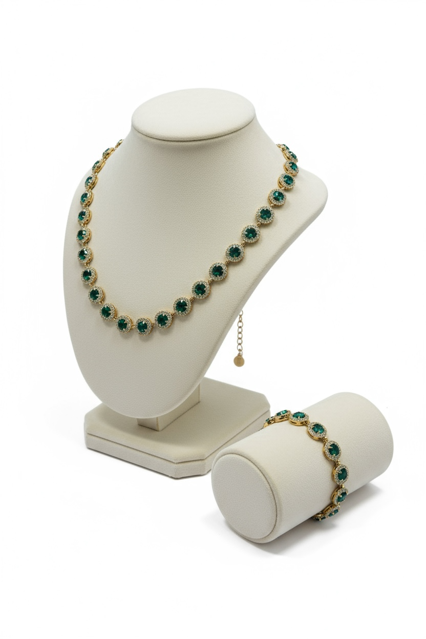 Set Collana e Bracciale Tennis Donna Acciaio Inox Gold con Zirconi Verdi