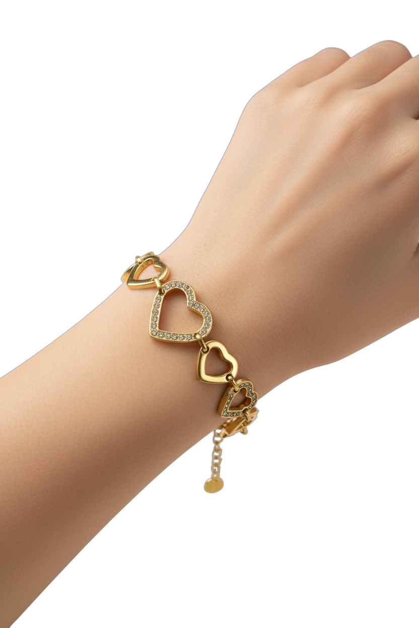 Bracciale Cuori Donna con Strass Brillanti - Acciaio Inox Oro e Argento