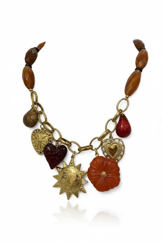 Collana Donna Boho Ciondoli Resina Sole Cuore Fiore Catena Oro