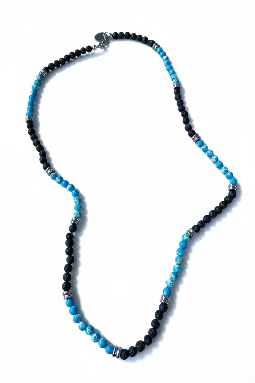 Collana Uomo Pietra Lavica e Turchese Sfere Naturali Stile Etnico