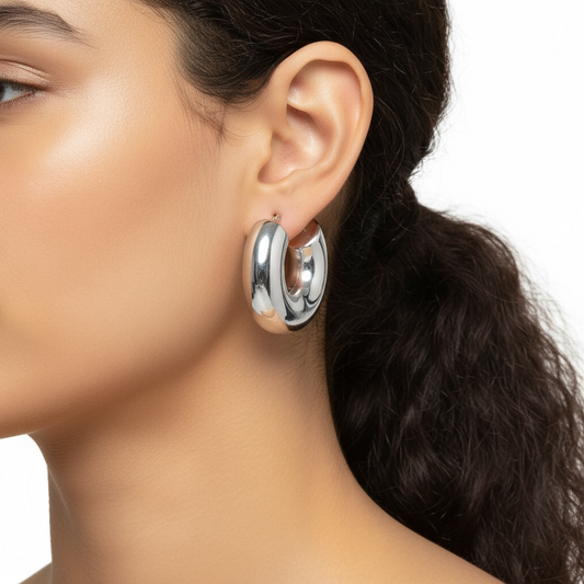 NUOVO Orecchini Donna Cerchio Silver Design Curvo Chunky Eleganti Gioielli