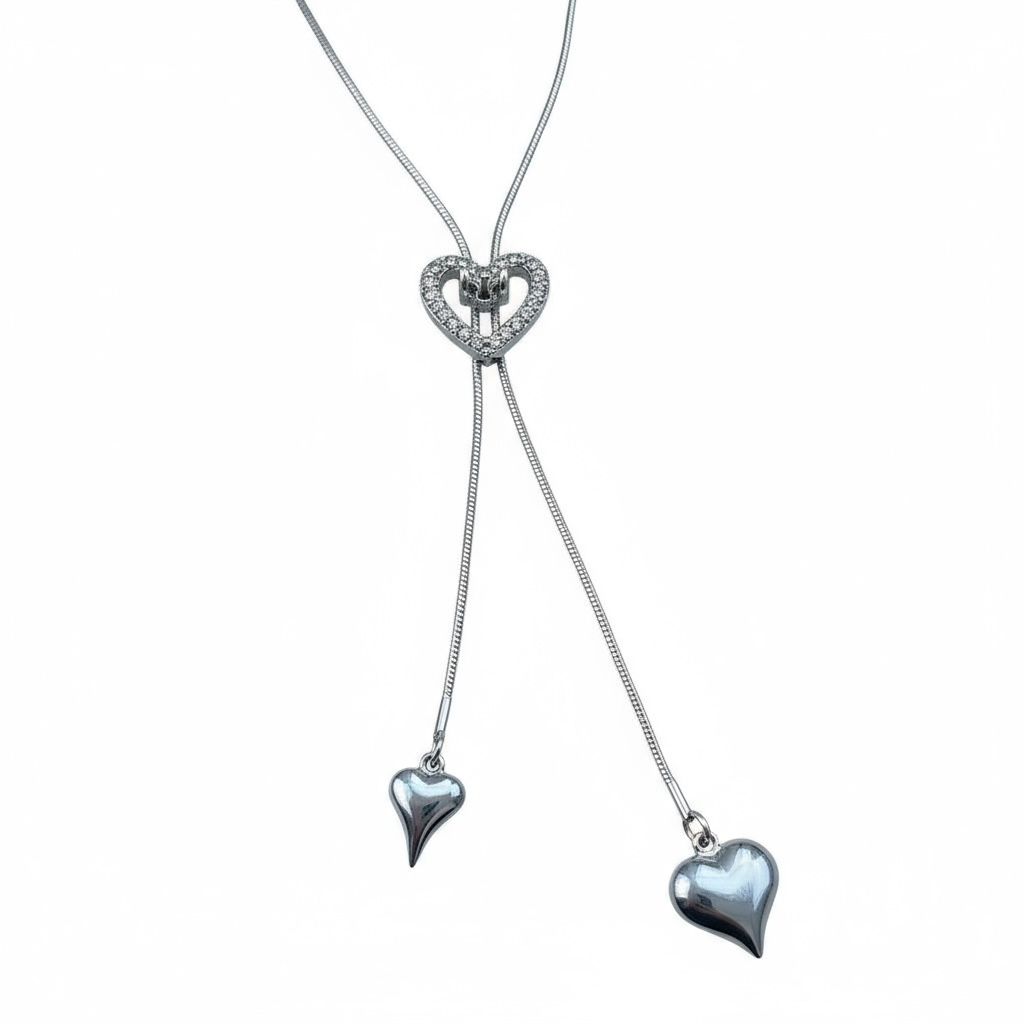 NUOVO Shelly Collana Donna Saliscendi Acciaio Inox Cuore Strass Bianchi Elegante