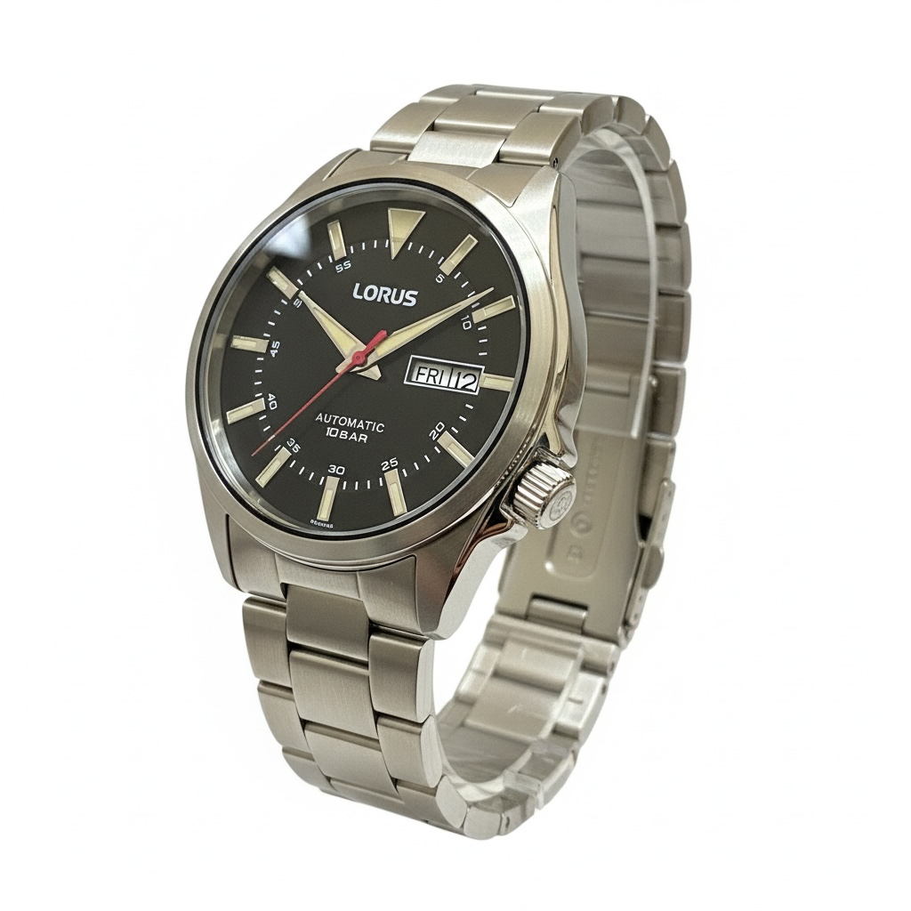 Nuovo Orologio Lorus Acciaio Uomo Automatico DayDate Quadrante Nero