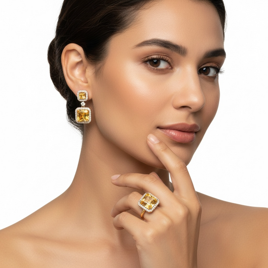 Parure Donna Anello e Orecchini Oro Pietre Gialle Quadrate Eleganti