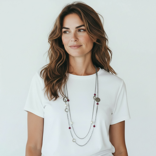 Collana RoccoBarocco acciaio doppio filo con elementi in resina lunga 60 cm