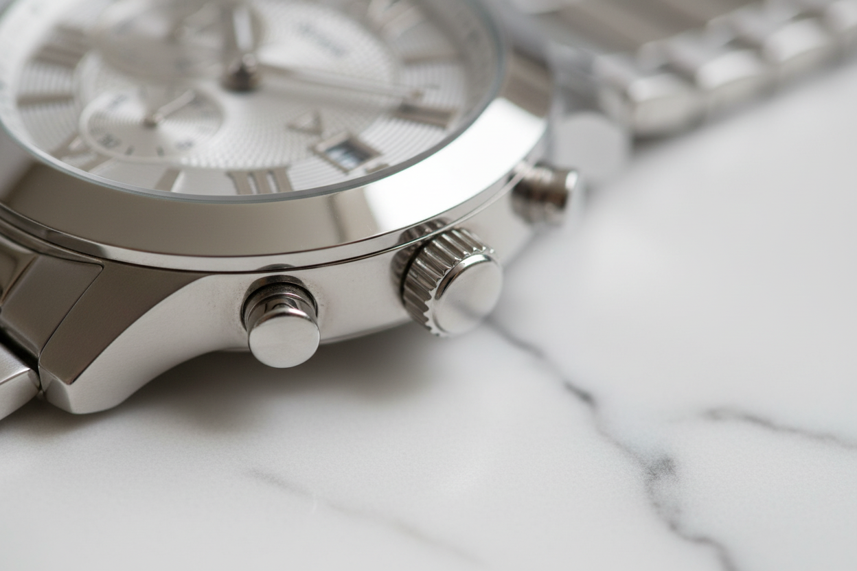 Dettaglio corona e pulsanti cronografo
