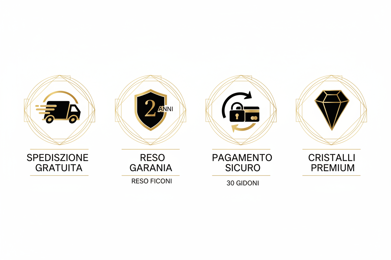 Icone vantaggi: Spedizione Gratuita, Garanzia 2 Anni, Reso Facile 30 Giorni, Pagamento Sicuro, Cristalli Premium
