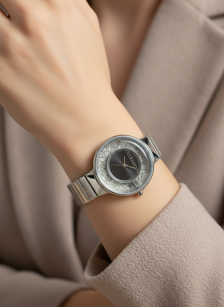 Orologio Roccobarocco donna indossato al polso con cassa trasparente e cristalli