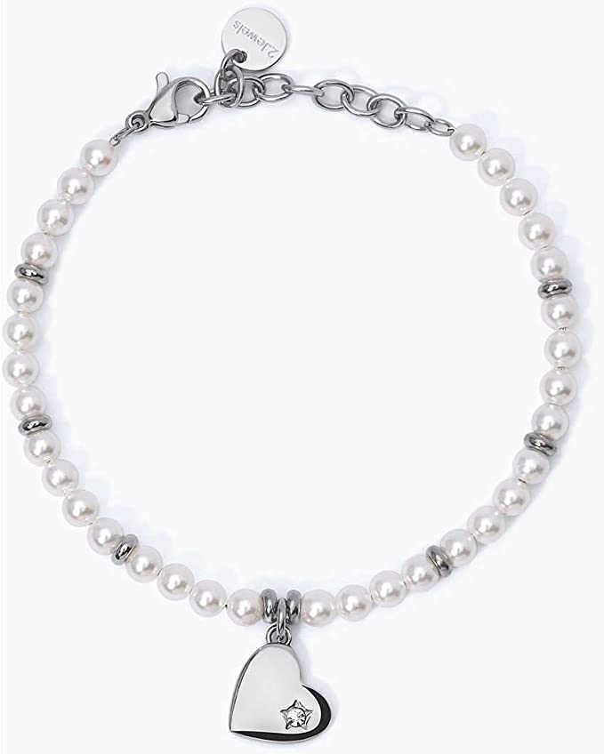 2JEWELS BRACCIALE IN ACCIAIO PER DONNA CON PERLE NATURALI E CIONDOLO CUORE 232339
