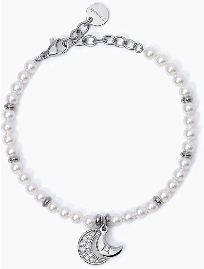 2JEWELS BRACCIALE IN ACCIAIO 316L per donna con perle naturali e ciondolo mezzaluna 232342
