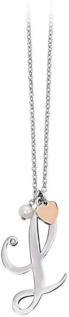 2jewels Collana Iniziale Lettera Nome con Cuore e Perla - Acciaio Argento Donna