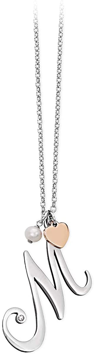 2jewels Collana Iniziale Lettera Nome con Cuore e Perla - Acciaio Argento Donna