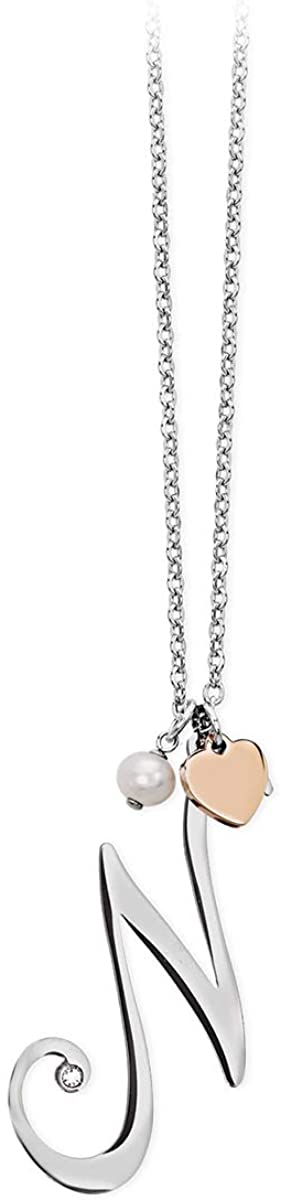 2jewels Collana Iniziale Lettera Nome con Cuore e Perla - Acciaio Argento Donna