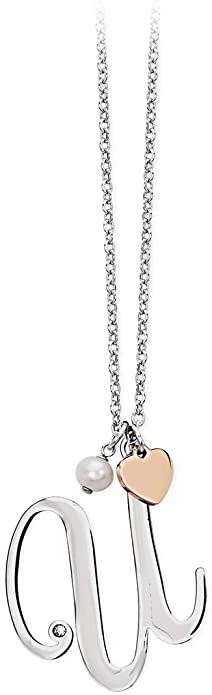 2jewels Collana Iniziale Lettera Nome con Cuore e Perla - Acciaio Argento Donna