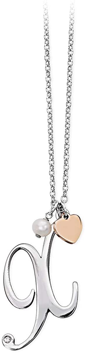 2jewels Collana Iniziale Lettera Nome con Cuore e Perla - Acciaio Argento Donna