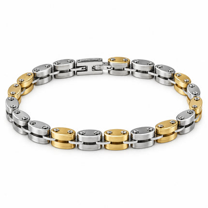Bracciale bicolore argento e oro con maglie ovali e dettagli a vite su sfondo bianco