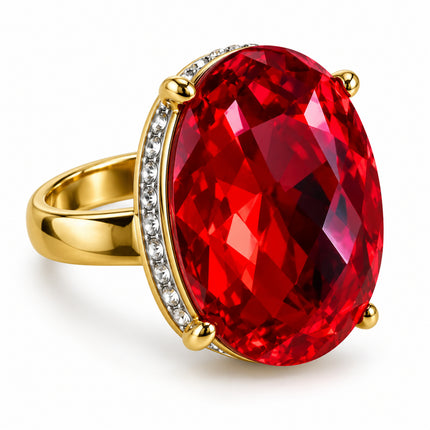 Anello Shelly con cristallo rosso ovale e fila di cristalli chiari, vista laterale