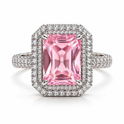 Anello donna Shelly regolabile in rame color argento con pietra rosa e zirconi bianchi frontale