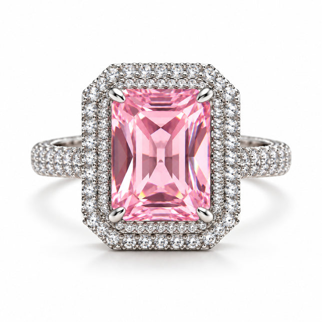 Anello donna Shelly regolabile in rame color argento con pietra rosa e zirconi bianchi frontale