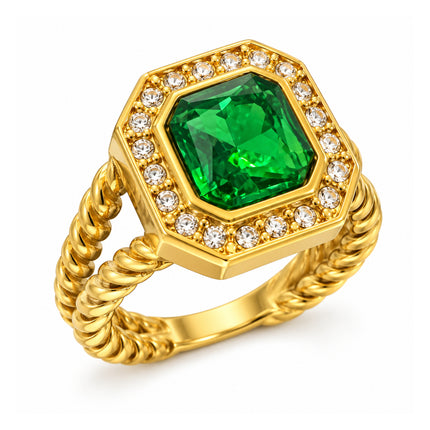 Anello donna Shelly in acciaio dorato con cristallo verde e zirconi