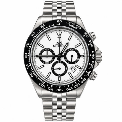 Orologio Uomo Guidus Cronografo Ghiera Ceramica Nera Data Quadrante Bianco Nero