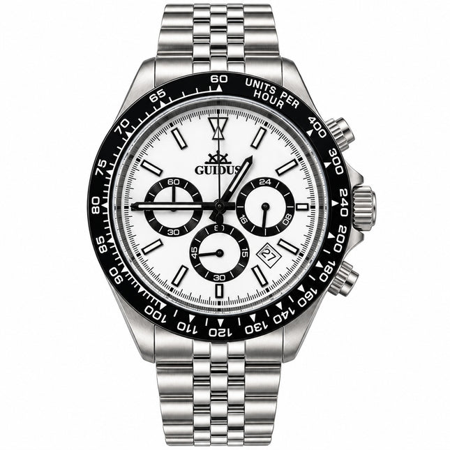 Orologio Uomo Guidus Cronografo Ghiera Ceramica Nera Data Quadrante Bianco Nero