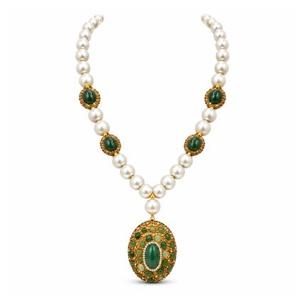 Collana donna Shelly con perle bianche e maxi pendente verde vintage