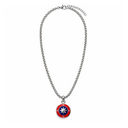  Collana uomo in acciaio 50 cm con ciondolo bussola rosso e blu da 1 cm