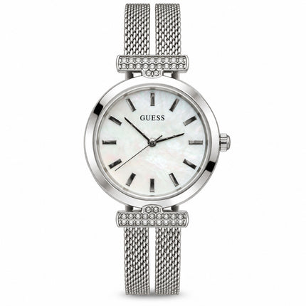 Orologio donna Guess Array GW0471L1 acciaio silver quadrante madreperla 28 mm su sfondo bianco