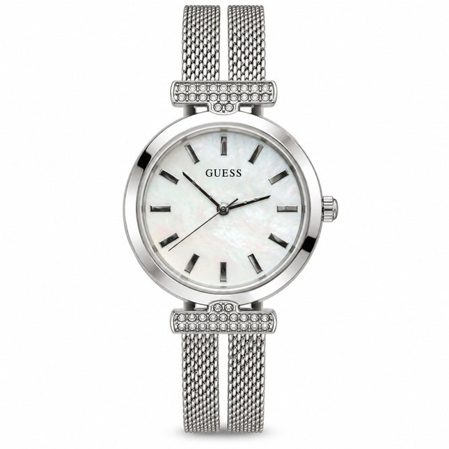Orologio donna Guess Array GW0471L1 acciaio silver quadrante madreperla 28 mm su sfondo bianco