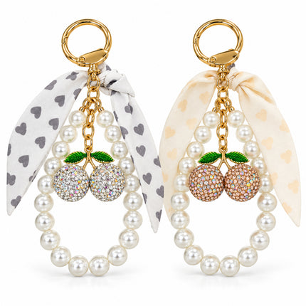 Portachiavi donna con ciliegie strass perle e foulard varianti Cristallo e Rosa