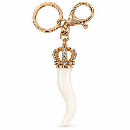 Portachiavi accessorio borsa con cornetto bianco corona strass e finitura oro rosa