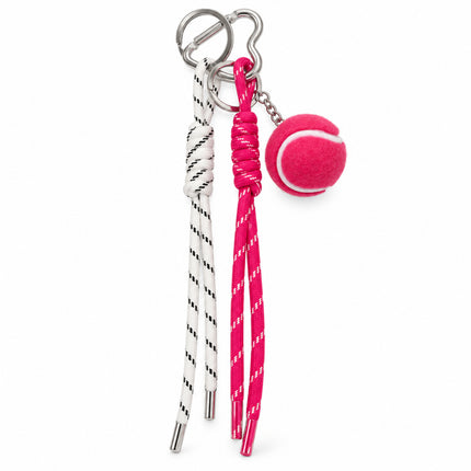 Portachiavi accessorio borsa rosa e bianco con cordini pallina e cuore