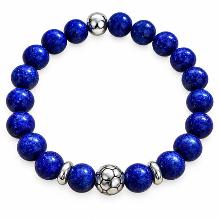 Bracciale elastico blu diametro 6 cm con pallone da calcio e dettagli color argento.