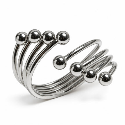 Anello donna in acciaio color argento misura 14, design a spirale con otto sfere.