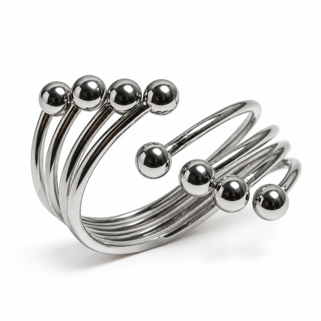Anello donna in acciaio color argento misura 14, design a spirale con otto sfere.