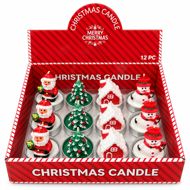 Set 12 Candele Natalizie Decorative Babbo Natale Albero Casetta Pupazzo Neve