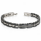 Bracciale uomo da 21 cm con maglie nere, collegamenti color argento e fila centrale di pietre nere.