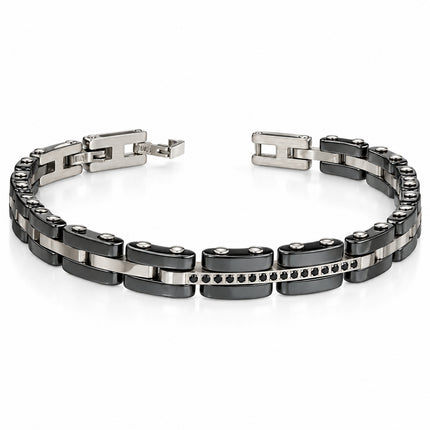 Bracciale uomo da 21 cm con maglie nere, collegamenti color argento e fila centrale di pietre nere.