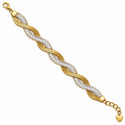 Bracciale Gold intrecciato da 19 cm con pietre rettangolari trasparenti.