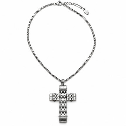 01-principale.jpg	Collana in acciaio da 50 cm con croce lavorata a maglie rettangolari.