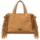 Borsa Enrico Coveri color cammello con doppi manici, intrecci frontali e lunghe frange laterali.