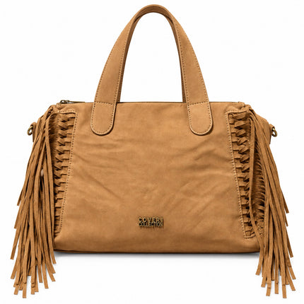 Borsa Enrico Coveri color cammello con doppi manici, intrecci frontali e lunghe frange laterali.
