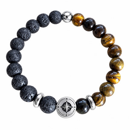 Bracciale elastico diametro 6 cm con sfere nere porose, sfere marrone-dorate e rosa dei venti color argento.