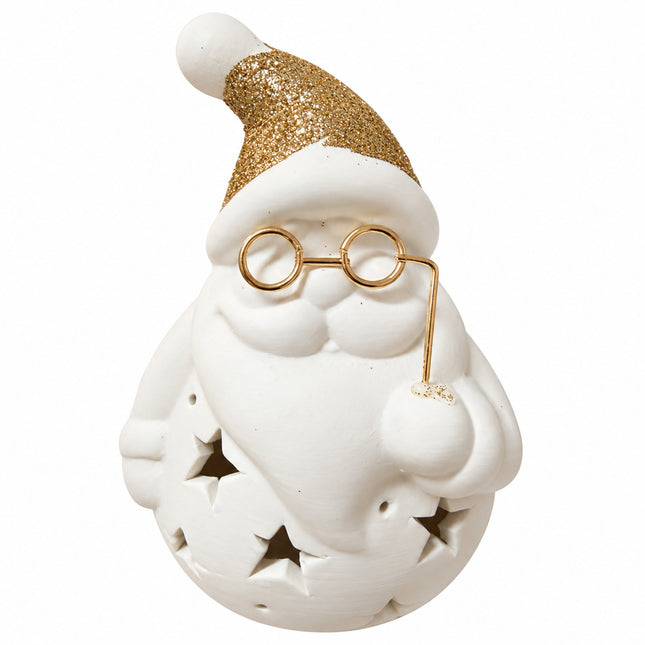 Babbo Natale con Luci Ceramica Bianco Oro 12 cm Glitter Batterie LR44 Incluse