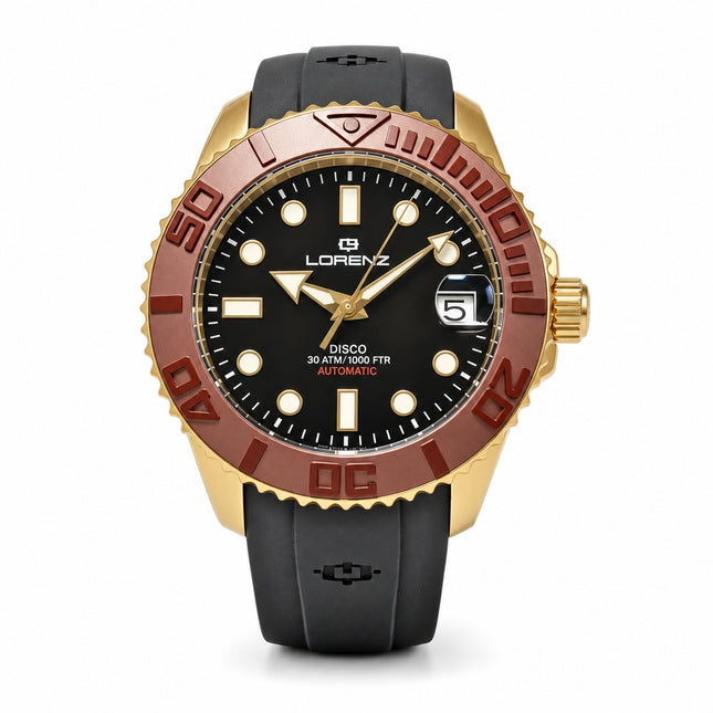 Orologio uomo Lorenz DI-300 030258DD automatico oro con quadrante nero e cinturino nero, vista frontale.